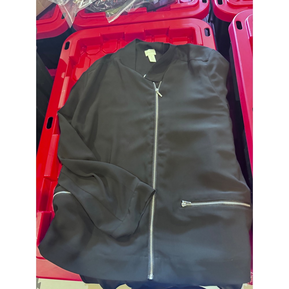 Chicos Black Lightweight Full Zip Bomber Jacket Silver Hardware Size 3 XL